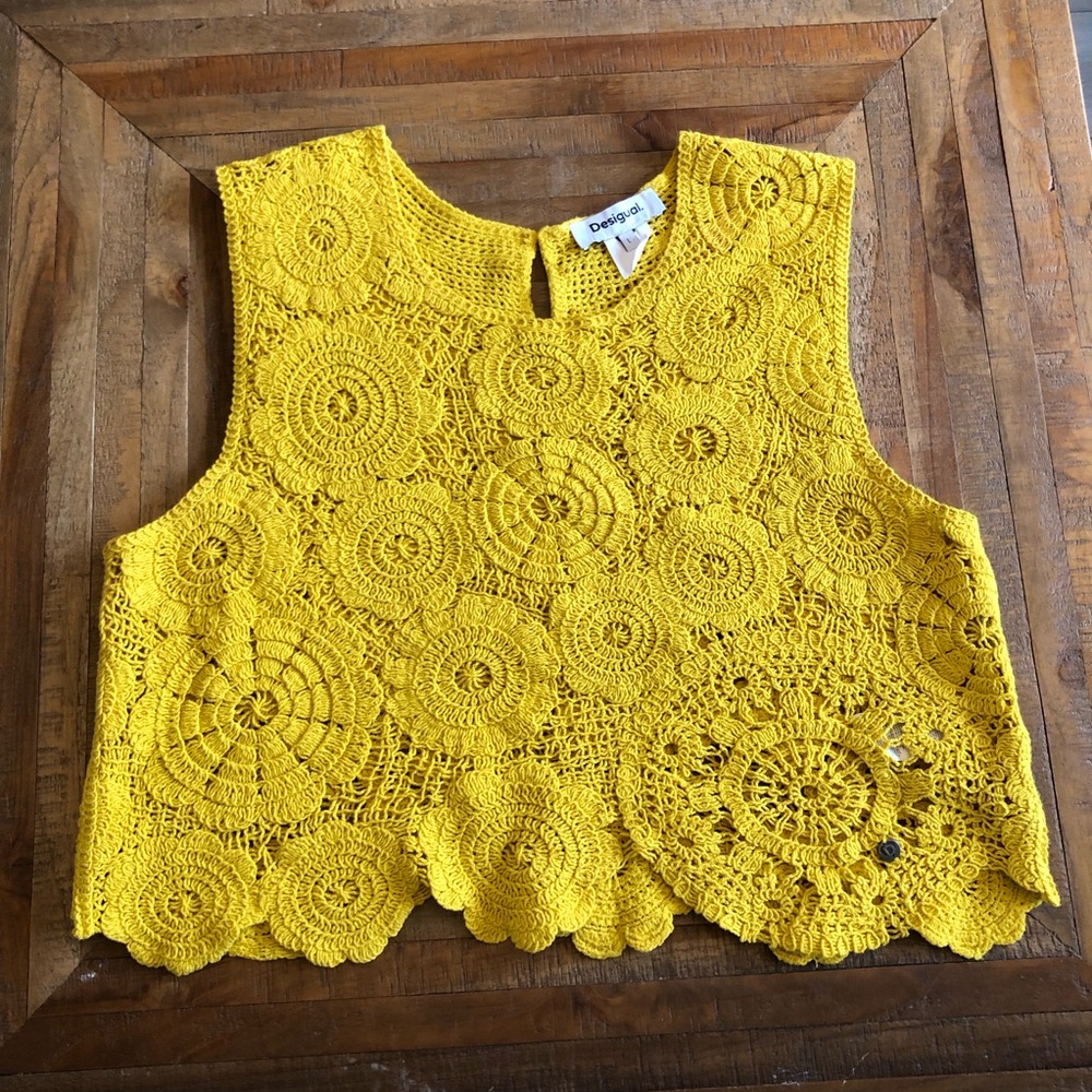Desigual Yellow Crochet Bohemian Floral Crop Top